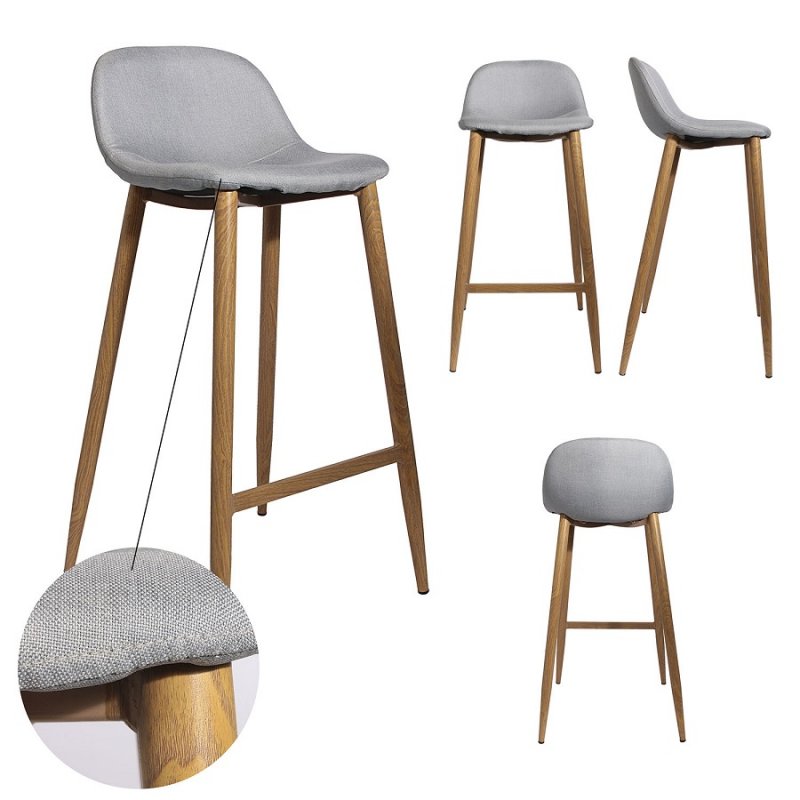 TABOURET DE BAR TISSU GRIS PIEDS METAL IMITATION BOIS