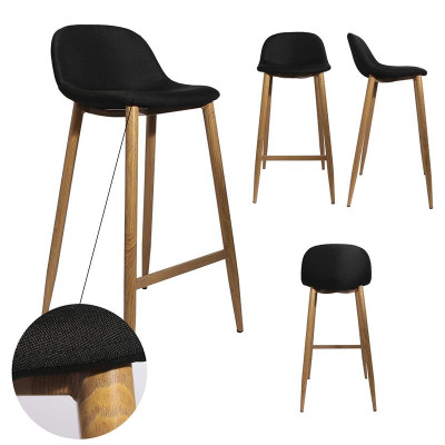 TABOURET DE BAR TISSU NOIR PIEDS METAL IMITATION BOIS