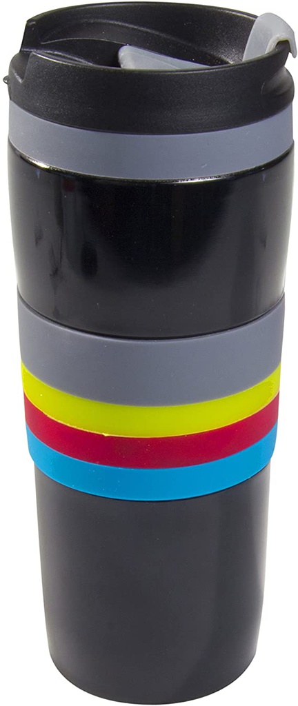 MUG DE TRANSPORT ISOTHERME NOIR AVEC BANDES EN SILICONE