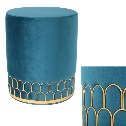 POUF VELOURS LISERET METAL BLEU